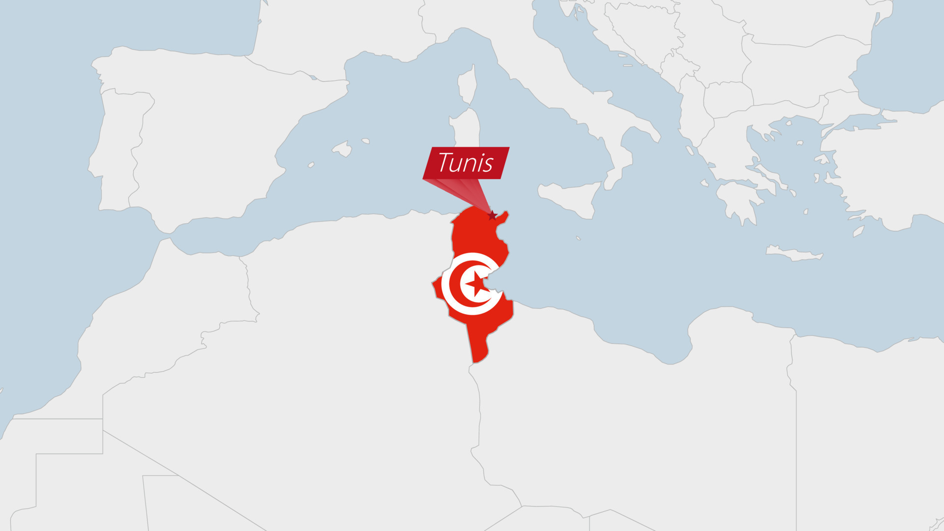 Tunisia map highlighted in Tunisia flag colors and pin of country