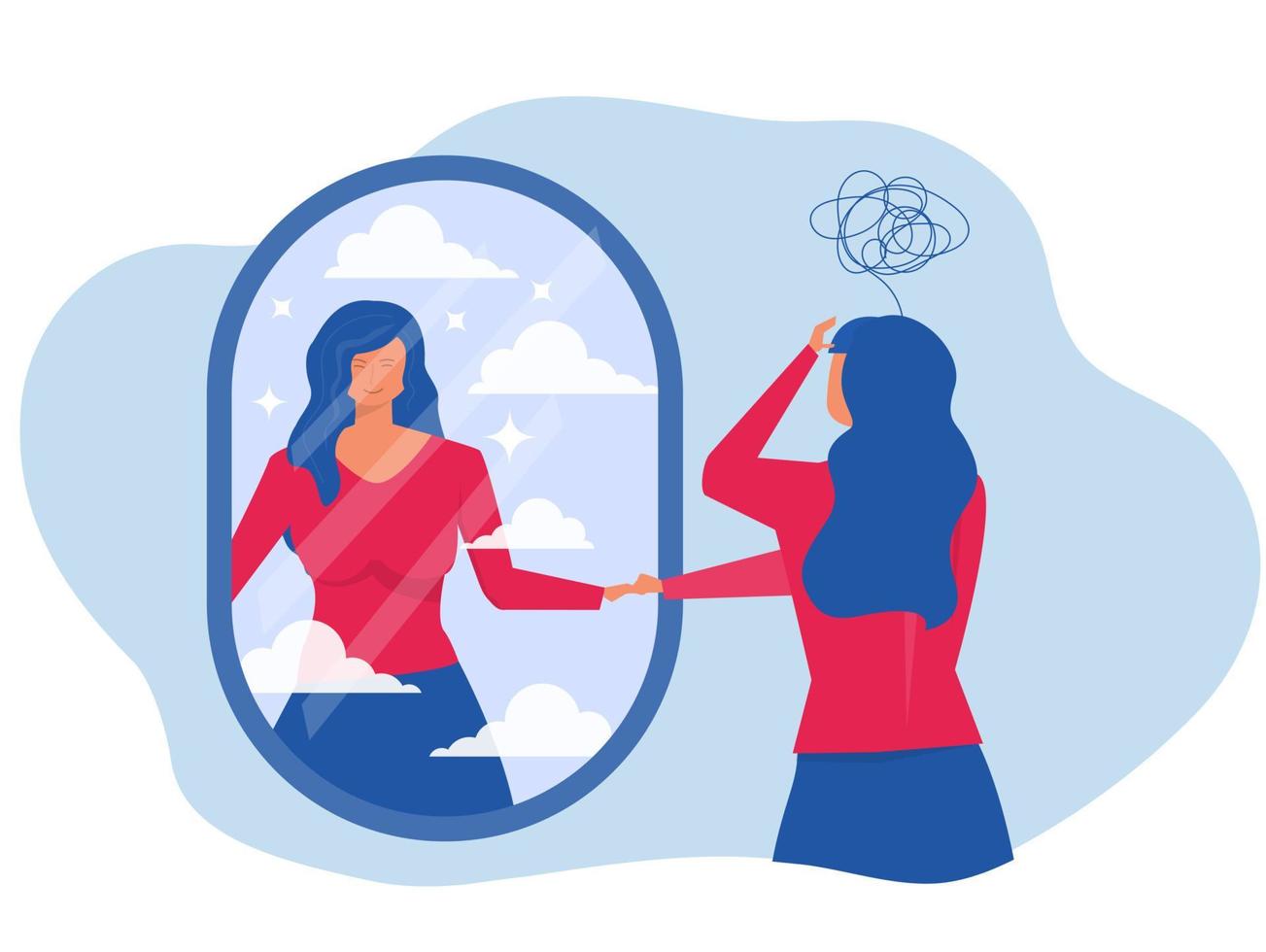 girl touching her reflection in the mirror different smiling confident  dream with sad anxiety at herself  health mental illustration vector