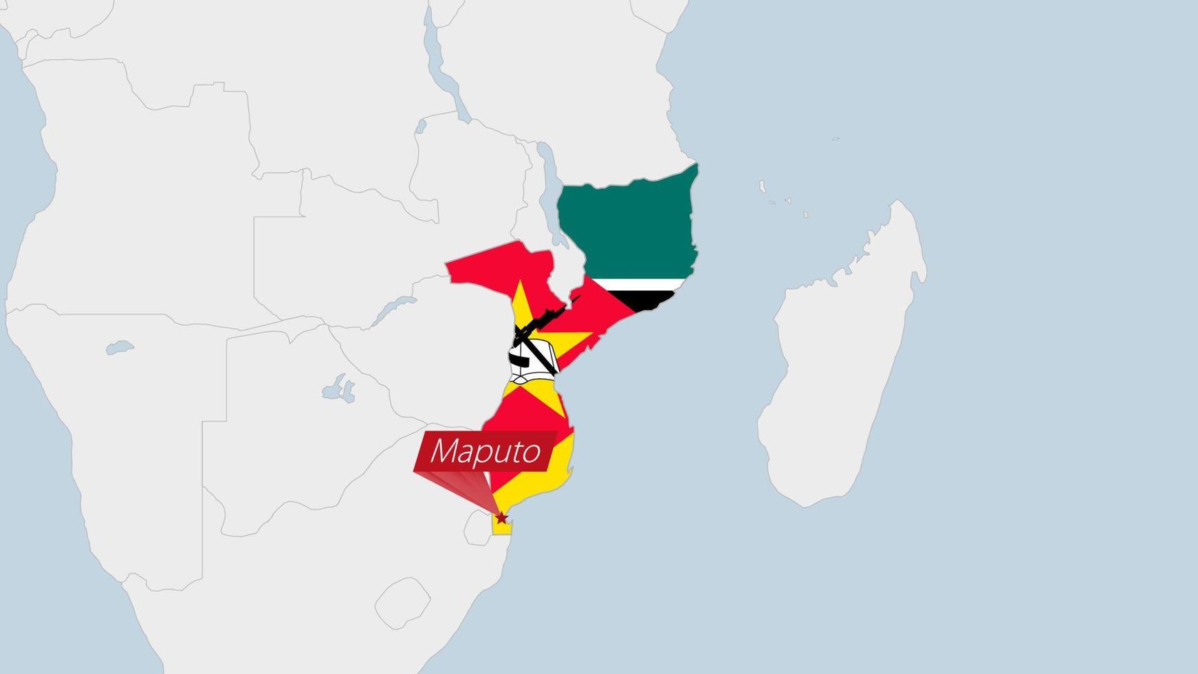 Mozambique map highlighted in Mozambique flag colors and pin of country capital Maputo. vector