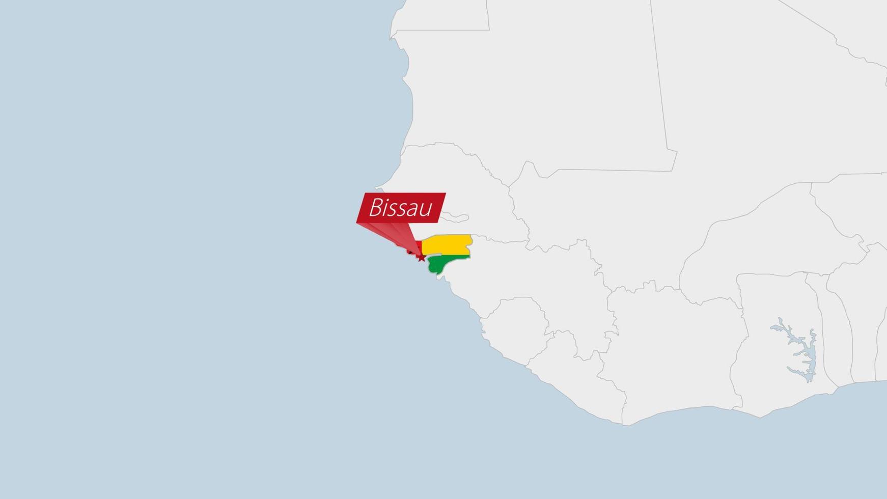 Guinea-Bissau map highlighted in Guinea-Bissau flag colors and pin of country capital Bissau. vector