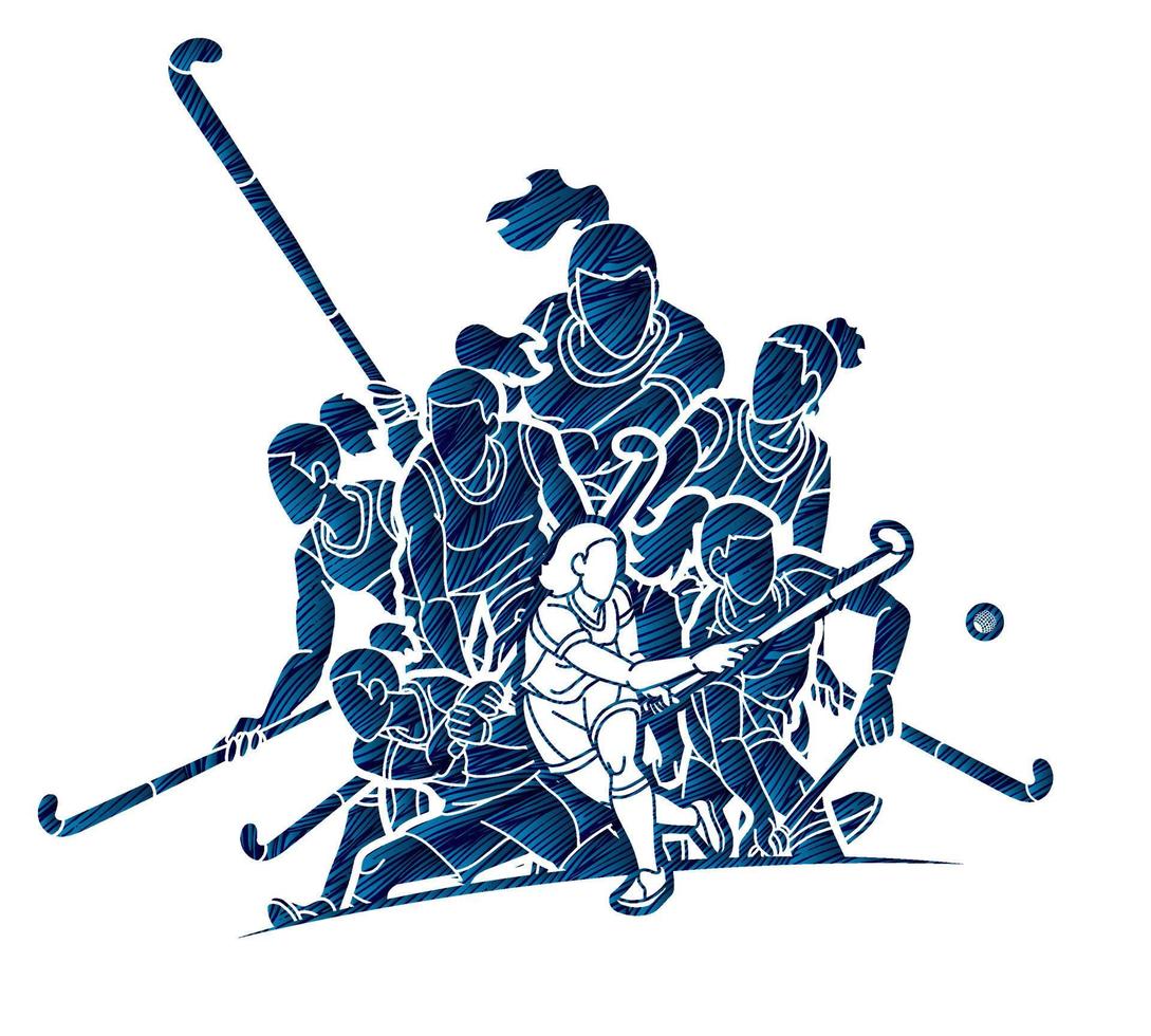 grupo de campo hockey deporte equipo hembra jugadores mezcla acción vector