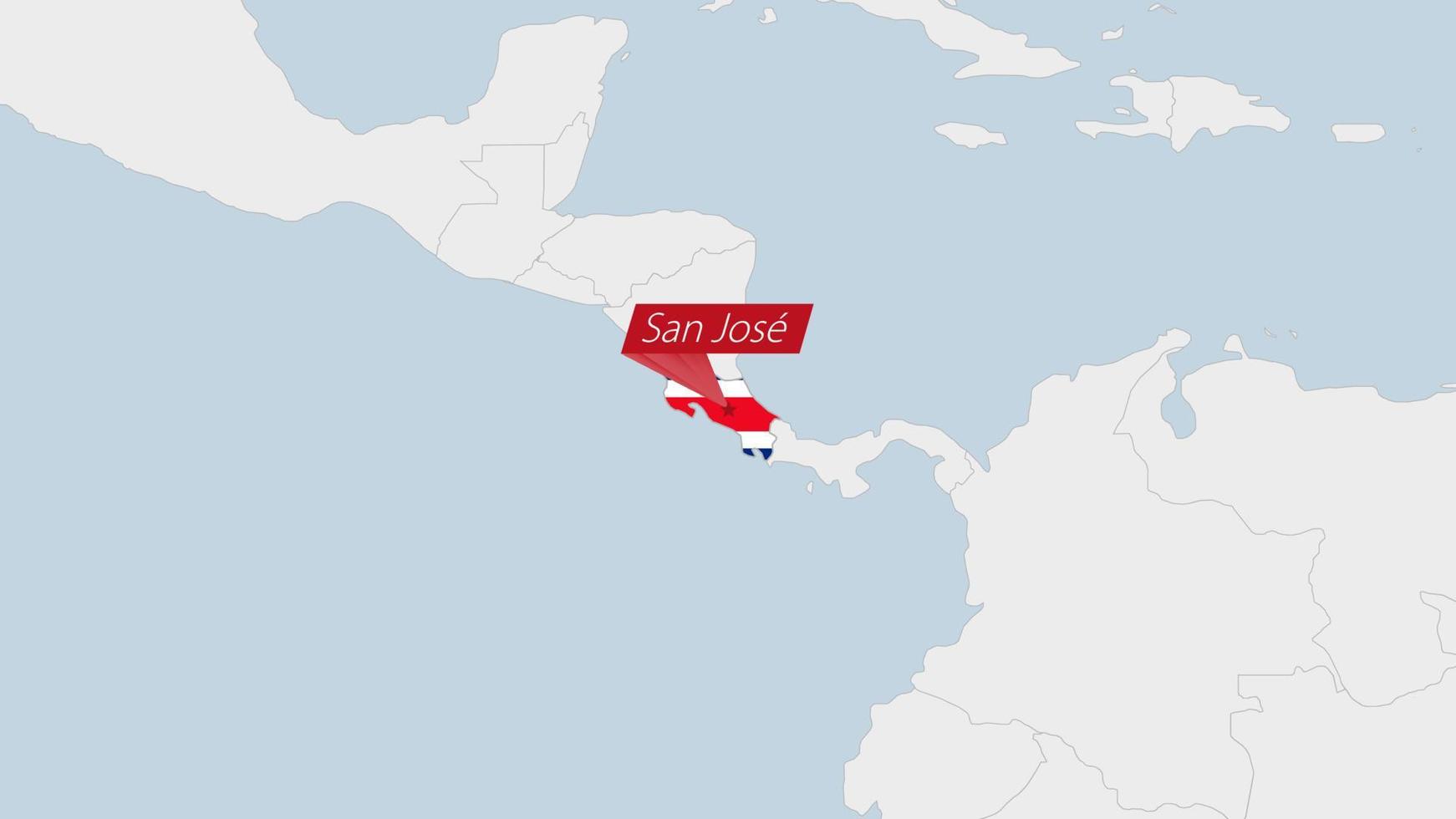 Costa Rica map highlighted in Costa Rica flag colors and pin of country capital San Jose. vector