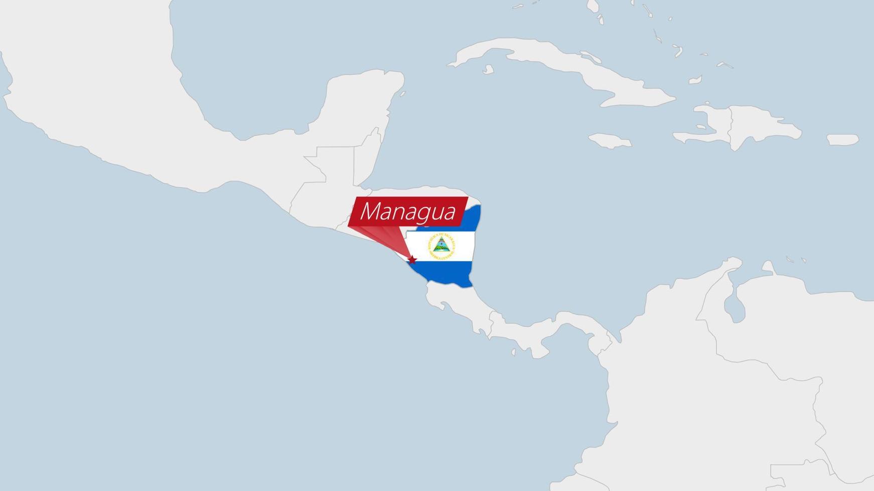 Nicaragua map highlighted in Nicaragua flag colors and pin of country capital Managua. vector