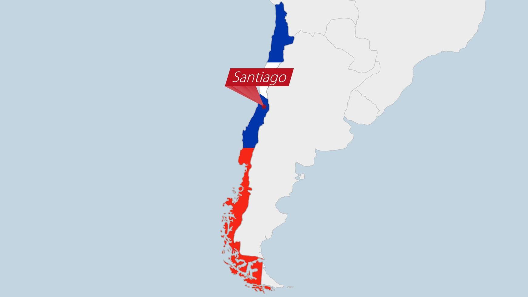 Chile map highlighted in Chile flag colors and pin of country capital Santiago. vector