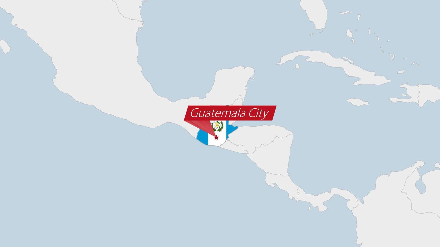 Guatemala map highlighted in Guatemala flag colors and pin of country capital Guatemala City. vector