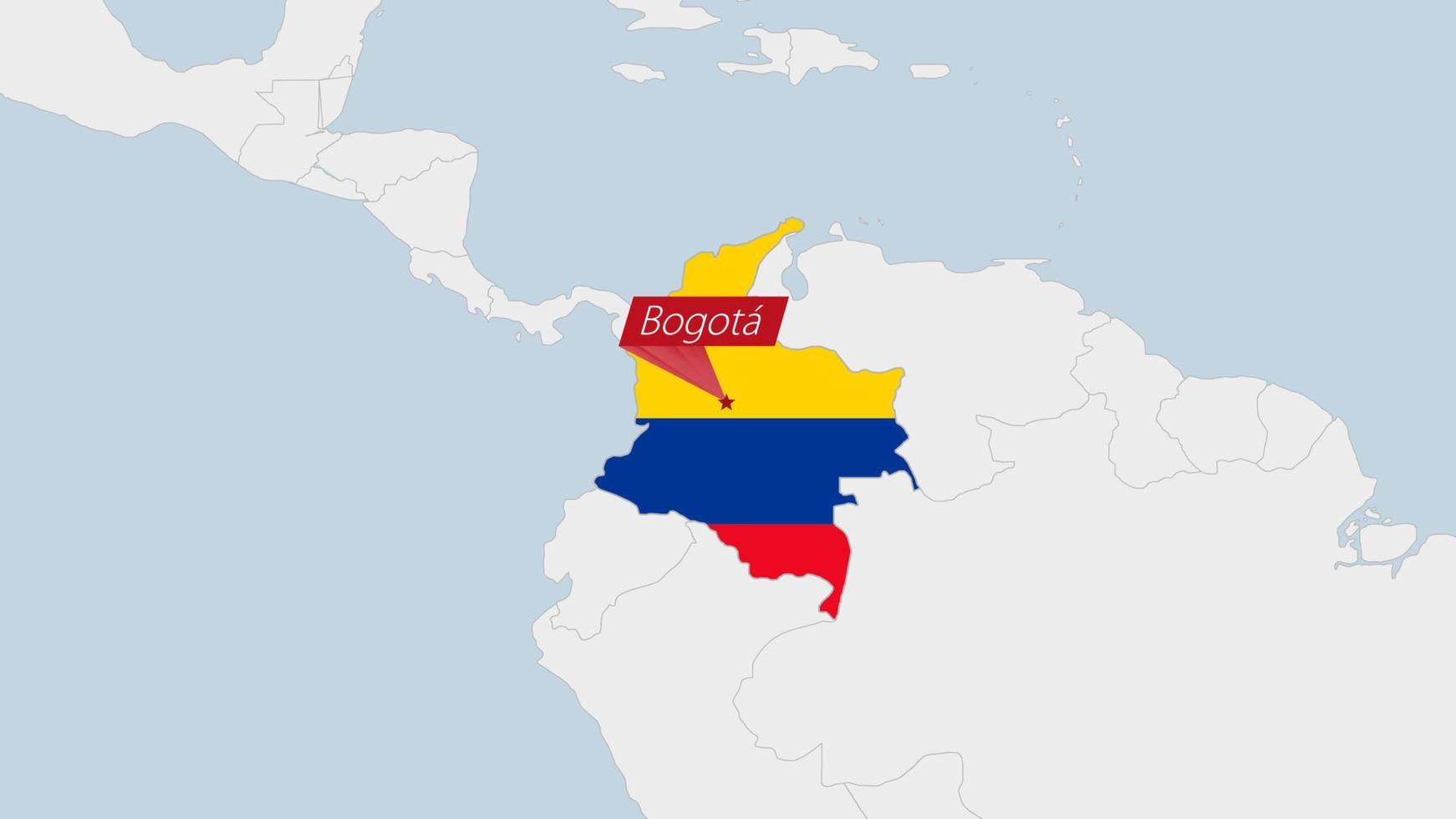 Colombia map highlighted in Colombia flag colors and pin of country capital Bogota. vector