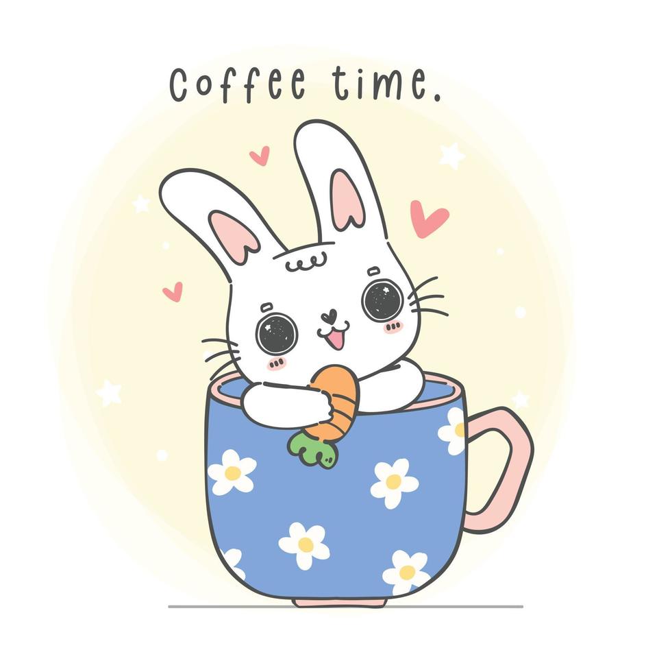 Cute kawaii white bunny rabbit in coffee cup, coffee time, cute cartoon character animal hand drawing doodle vector