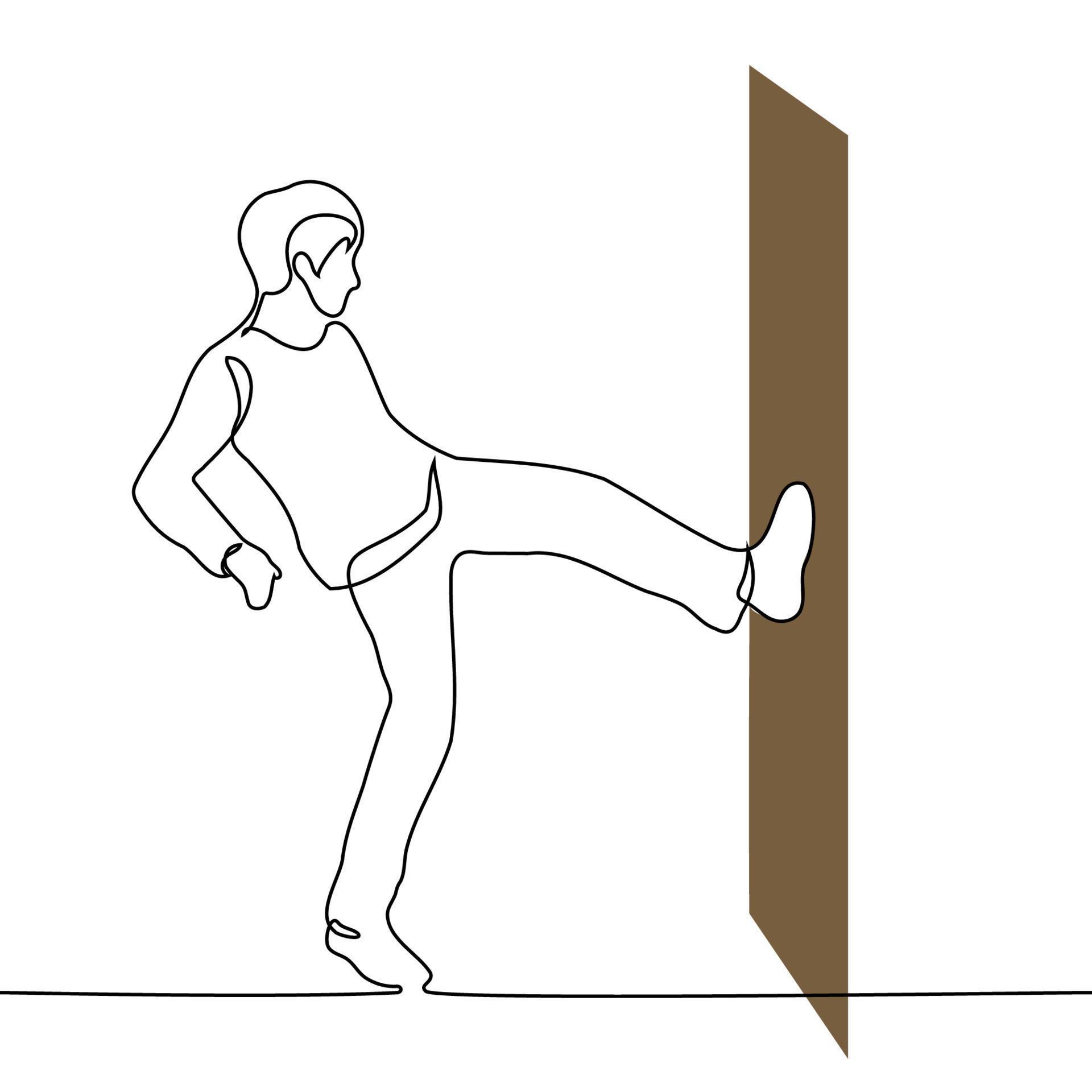 man kicking closed door one line drawing vector. concept break in the