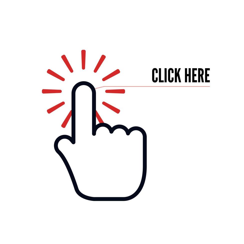 Hand cursor with animation of action and text click here on white background. Web icons element. Vector illustration