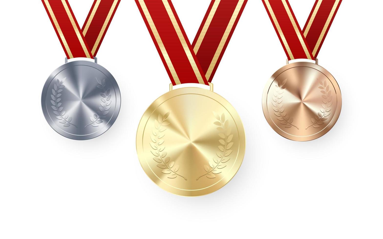 Golden Silver and Bronze medals with laurel hanging on red ribbon. Award symbol of victory and success. Vector illustration