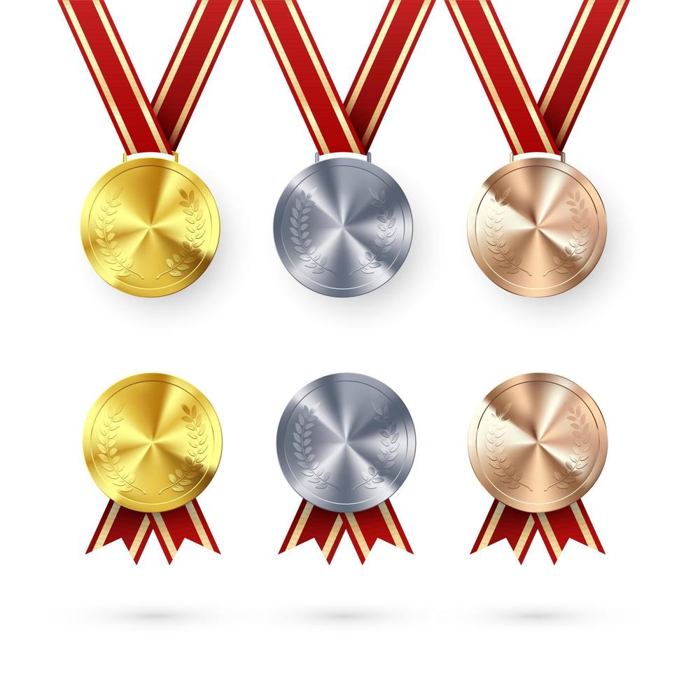 Set of Awards. Golden Silver and Bronze medals with laurel hanging on red ribbon. Award symbol of victory and success. Vector illustration isolated on white