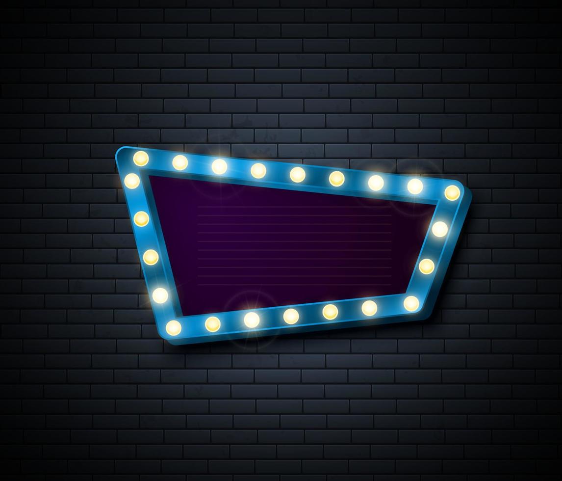 Retro Sign. Signboard with shiny lights. Show advertising isolated on brick wall. Vector illustration