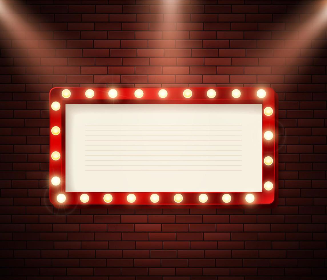 Retro signboard with lights. Advertising banner on brick wall. Show or circus advertising. Vector illustration