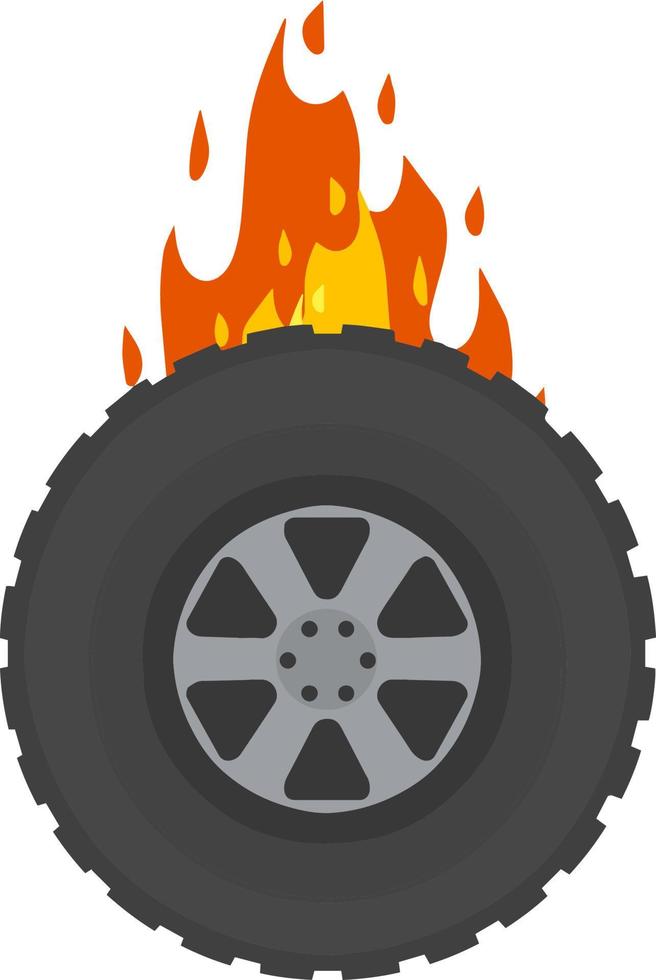 Burning wheel of car. Flames on tire. Symbol of speed and racing. Technical problems and accident. Fire on road. vector