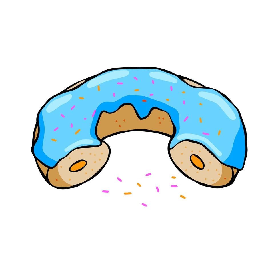 Donut with blue glaze. Sweet sugar dessert with icing. Outline cartoon illustration isolated on white background vector