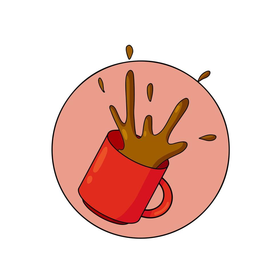 Spilled Cup of coffee. Spray and drop. Sloppy handling in kitchen. Drink with caffeine. Cartoon illustration. vector