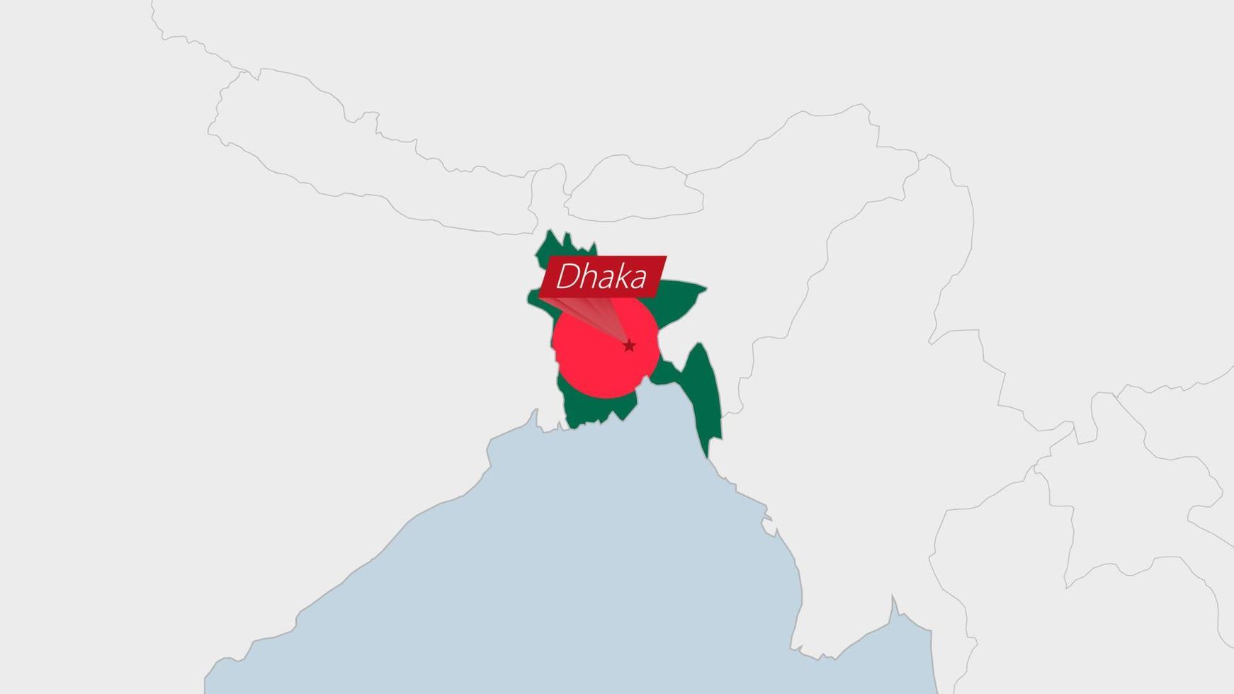 Bangladesh map highlighted in Bangladesh flag colors and pin of country capital Dhaka. vector