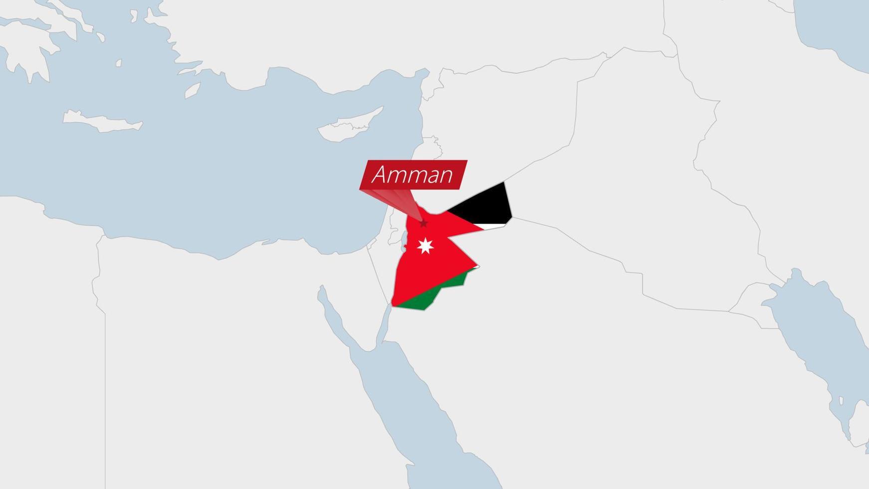 Jordan map highlighted in Jordan flag colors and pin of country capital Amman. vector