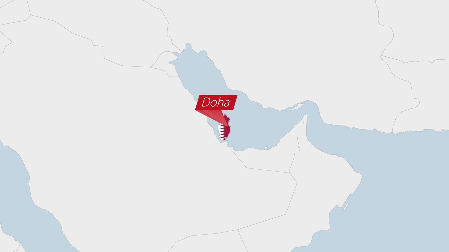 Qatar map highlighted in Qatar flag colors and pin of country capital Doha. vector