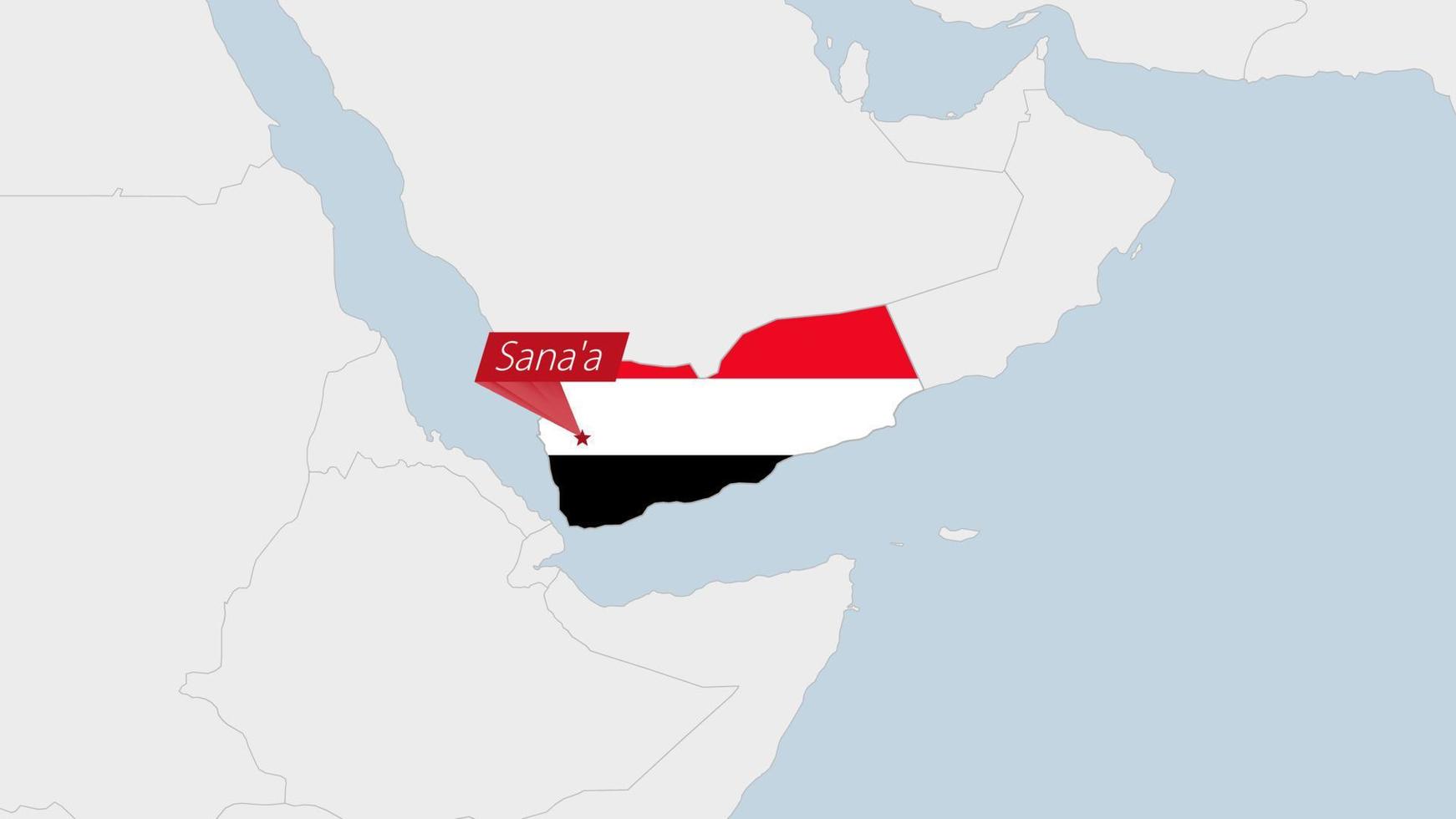 Yemen map highlighted in Yemen flag colors and pin of country capital Sana'a. vector