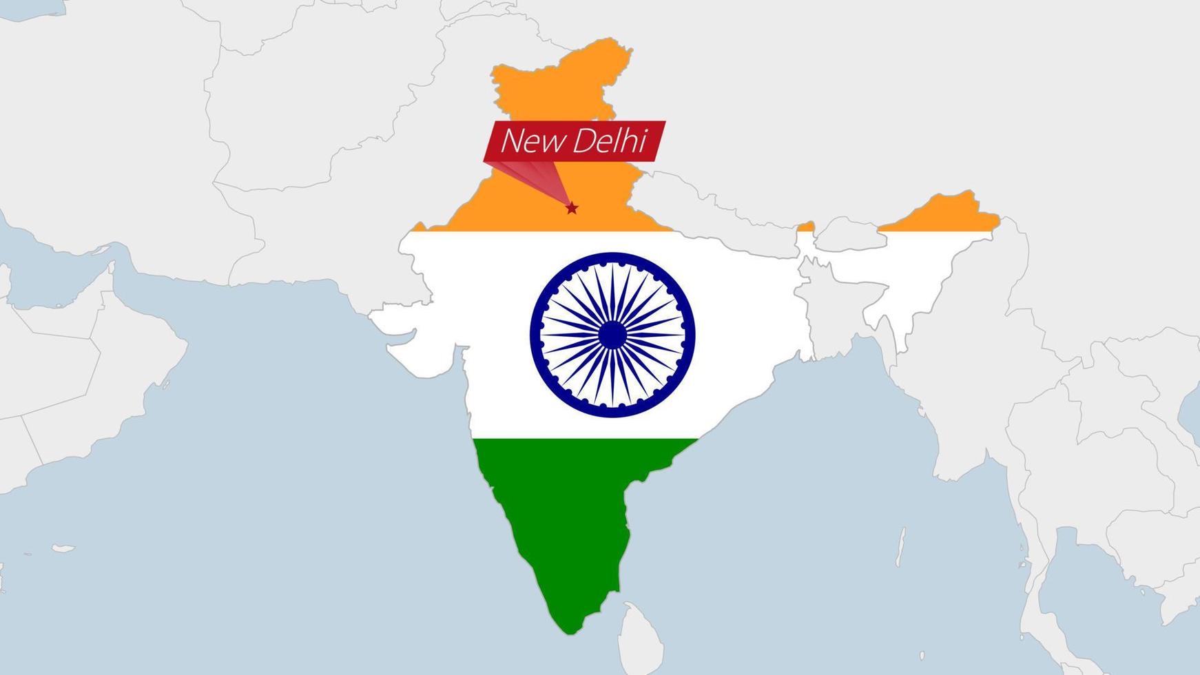 India map highlighted in India flag colors and pin of country capital New Delhi. vector