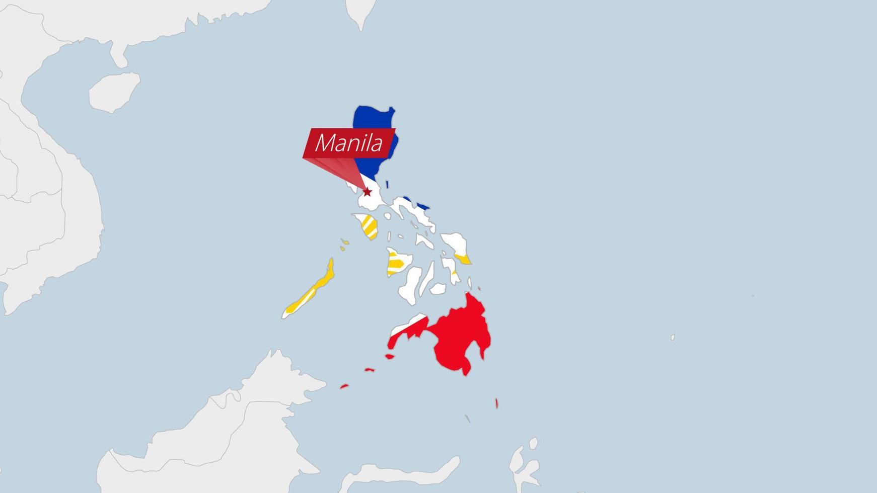 Philippines map highlighted in Philippines flag colors and pin of country capital Manila. vector