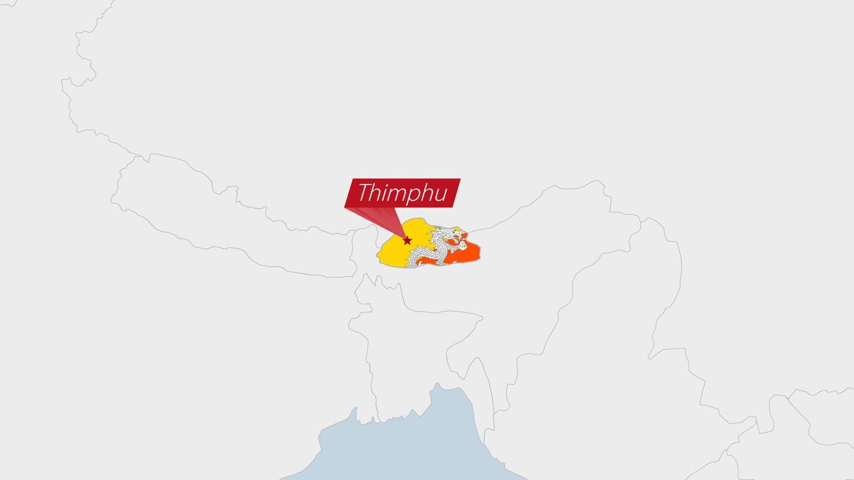 Bhutan map highlighted in Bhutan flag colors and pin of country capital Thimphu. vector