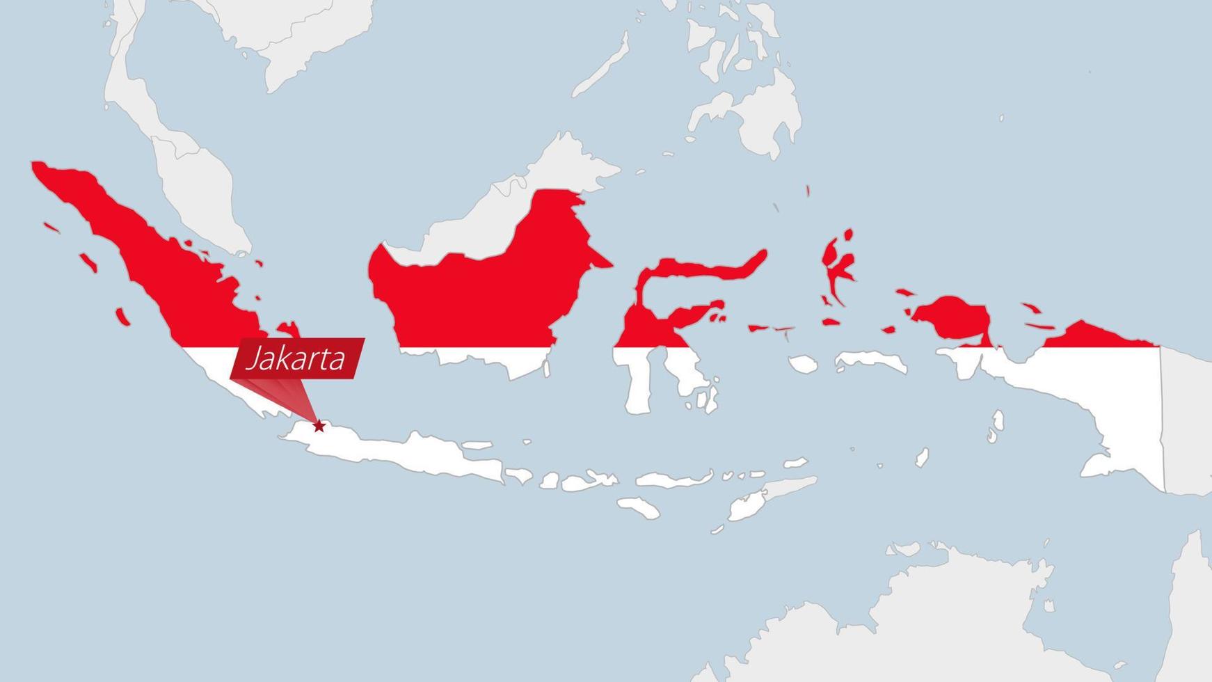 Indonesia map highlighted in Indonesia flag colors and pin of country capital Jakarta. vector