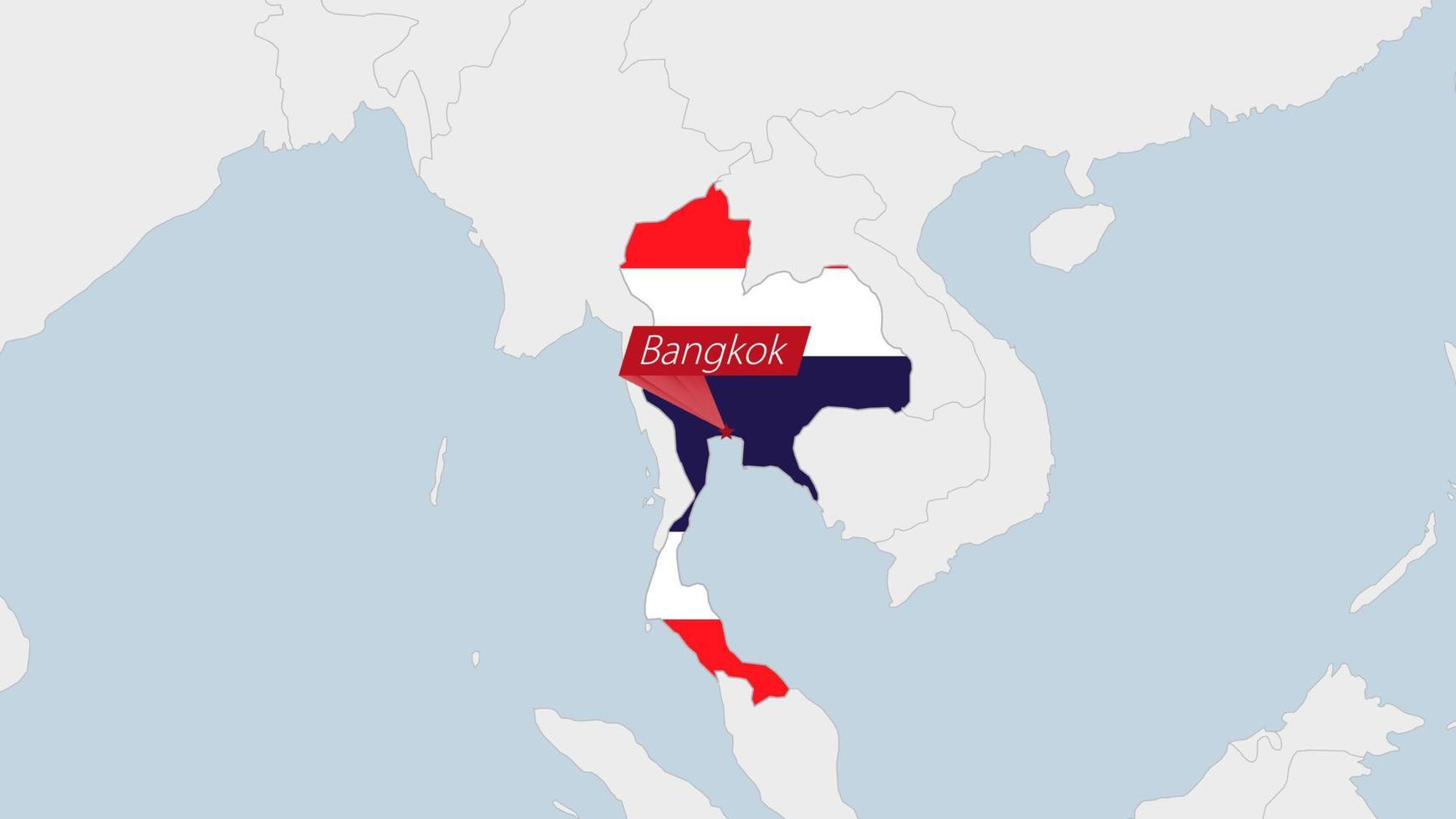 Thailand map highlighted in Thailand flag colors and pin of country capital Bangkok. vector