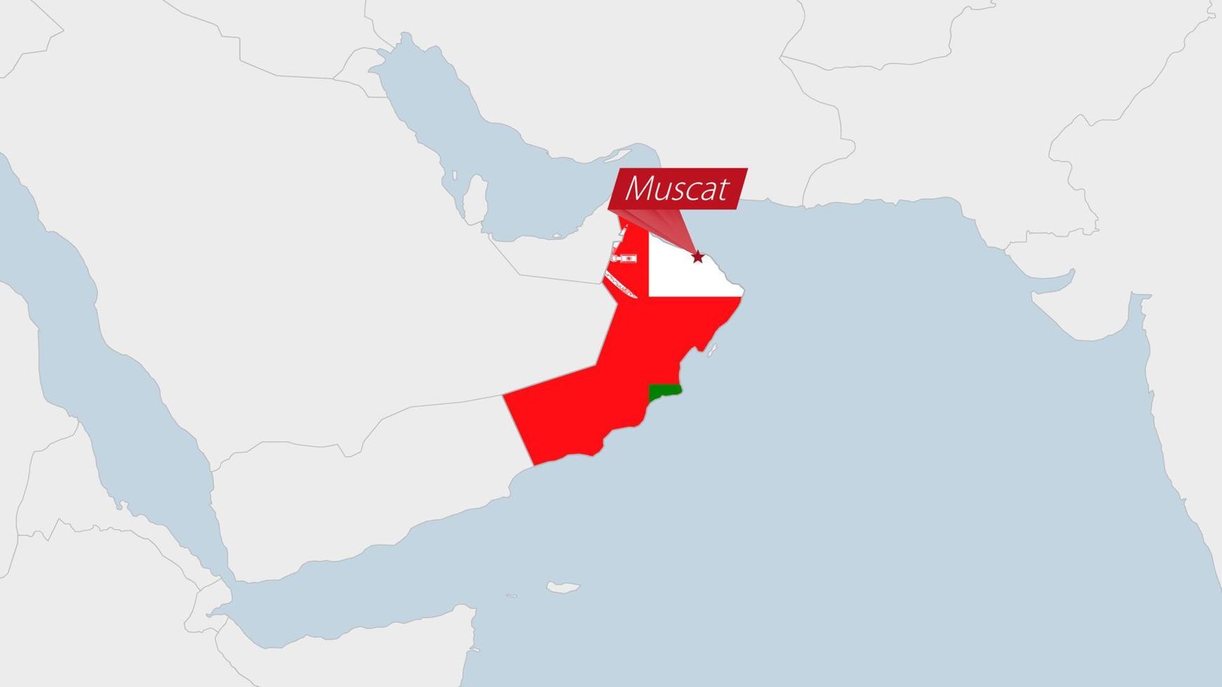 Omán mapa destacado en Omán bandera colores y alfiler de país capital moscatel. vector