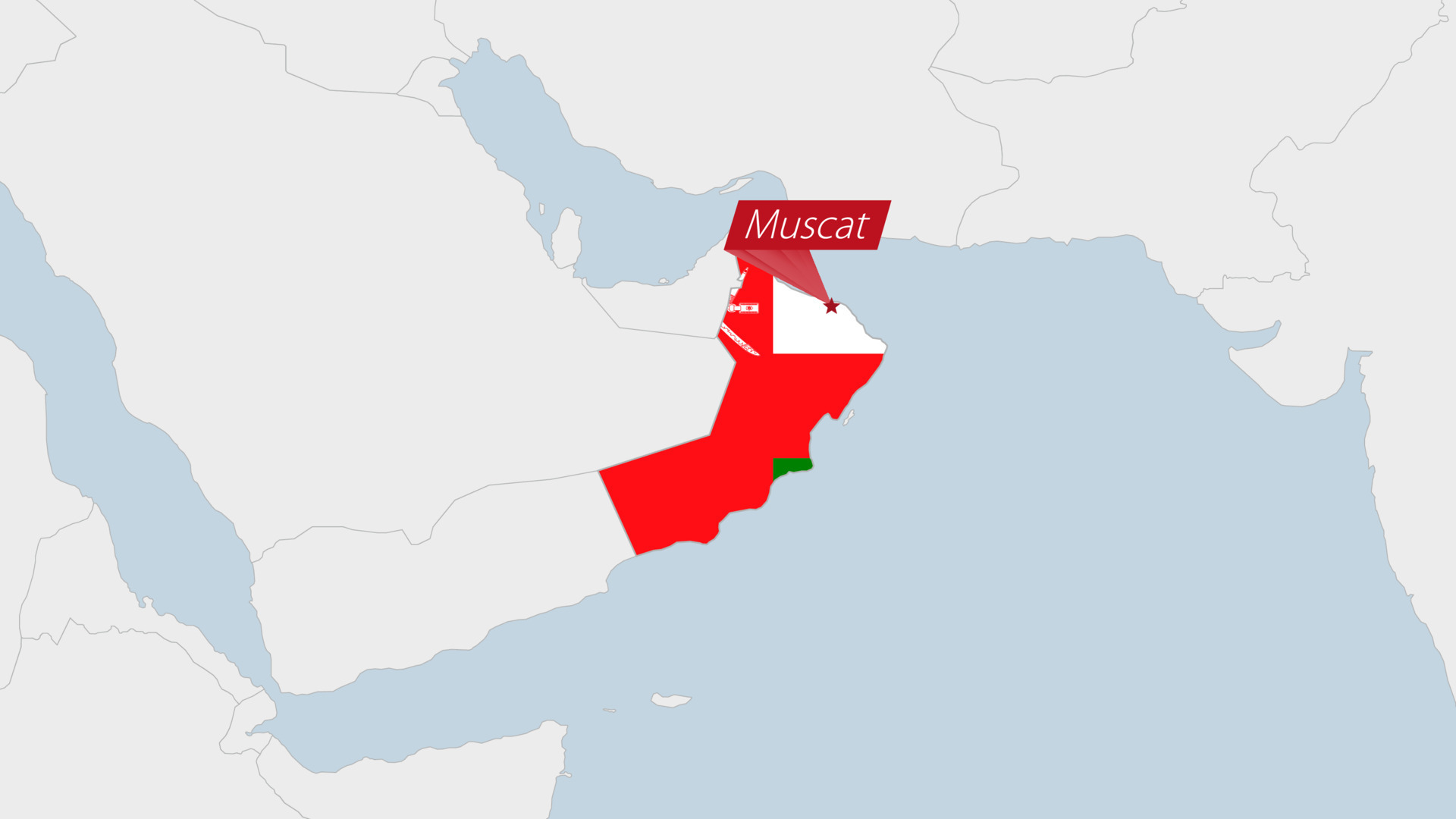 Oman map highlighted in Oman flag colors and pin of country capital