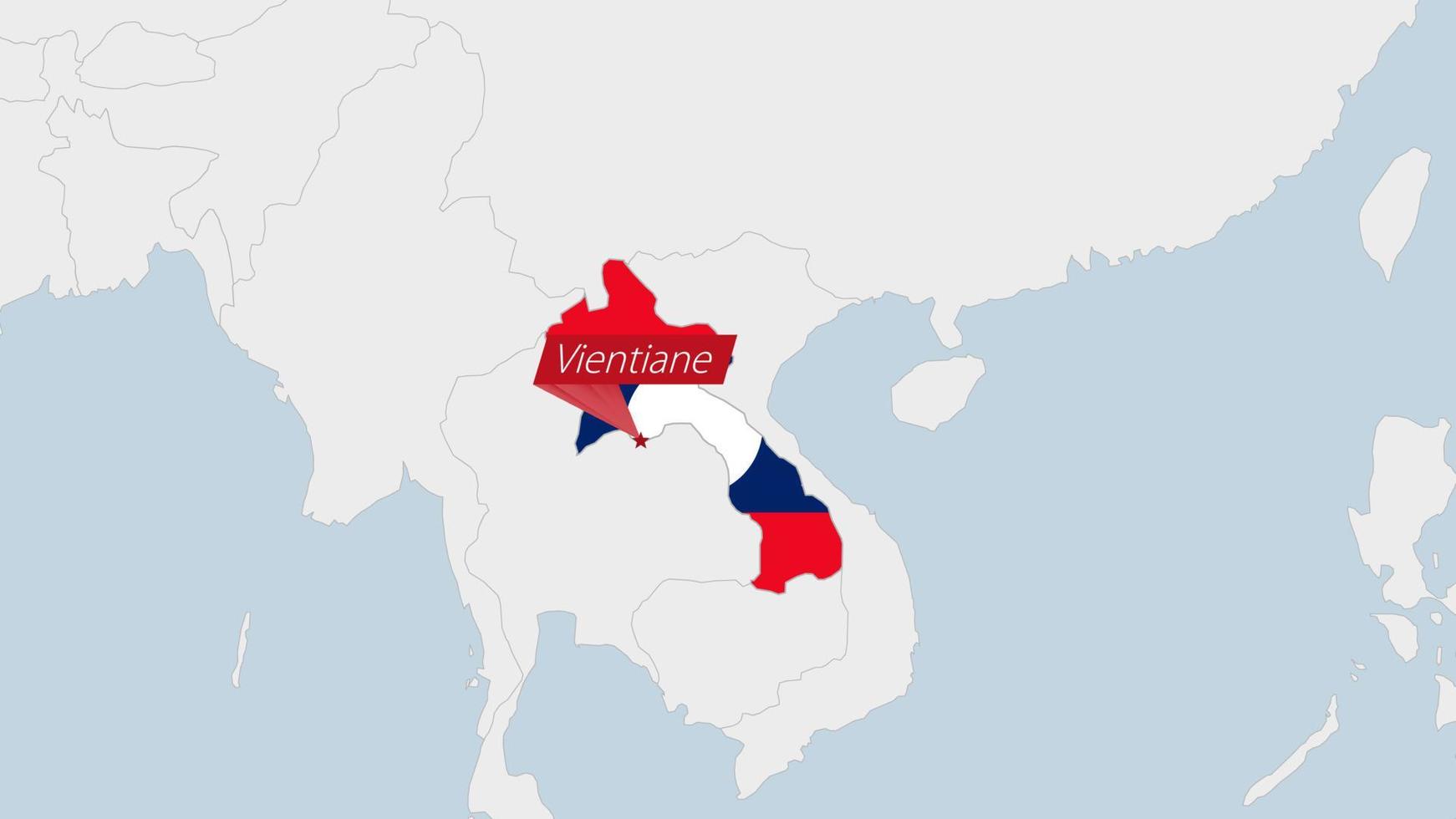 Laos map highlighted in Laos flag colors and pin of country capital Vientiane. vector