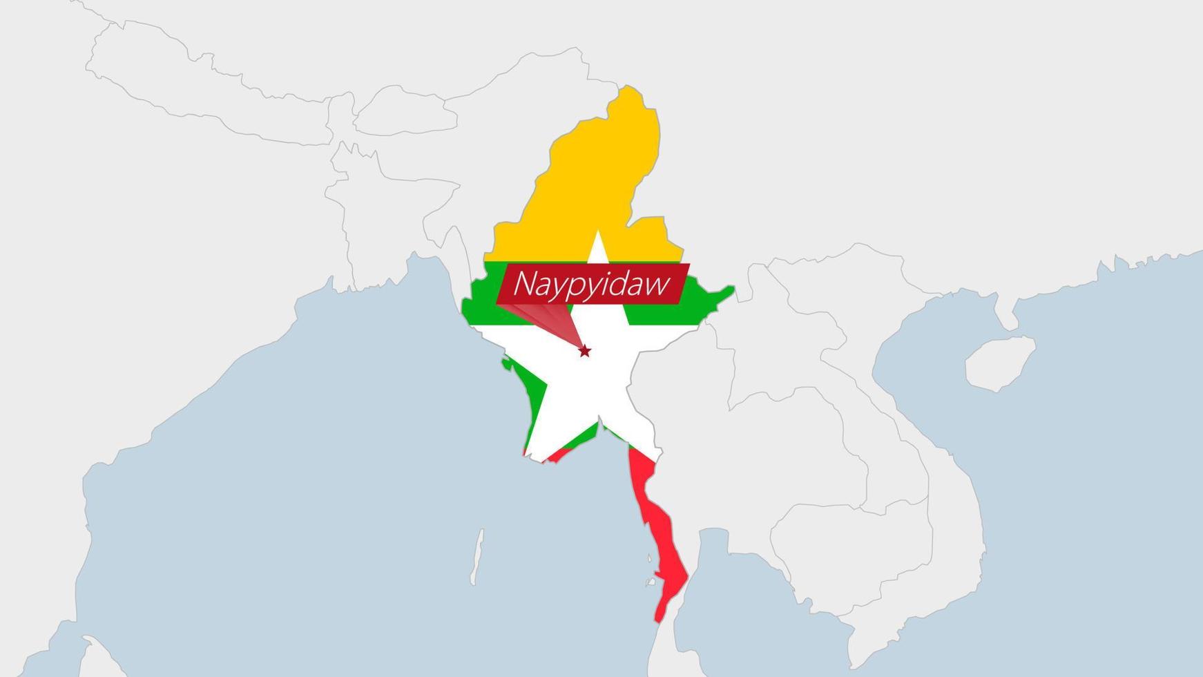 Myanmar map highlighted in Myanmar flag colors and pin of country capital Naypyitaw. vector