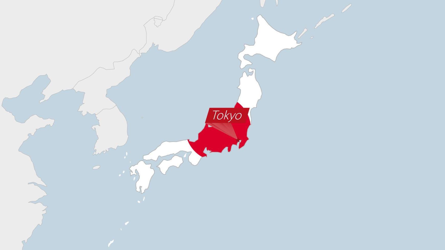 Japan map highlighted in Japan flag colors and pin of country capital Tokyo. vector