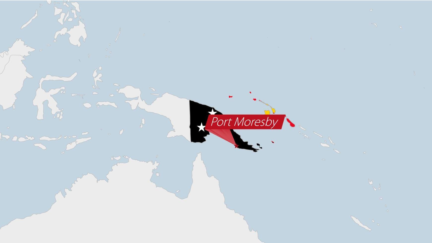 Papua New Guinea map highlighted in Papua New Guinea flag colors and pin of country capital Port Moresby. vector