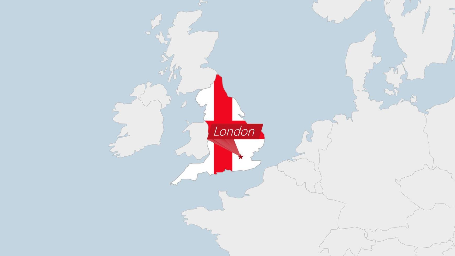 England map highlighted in England flag colors and pin of country capital London. vector