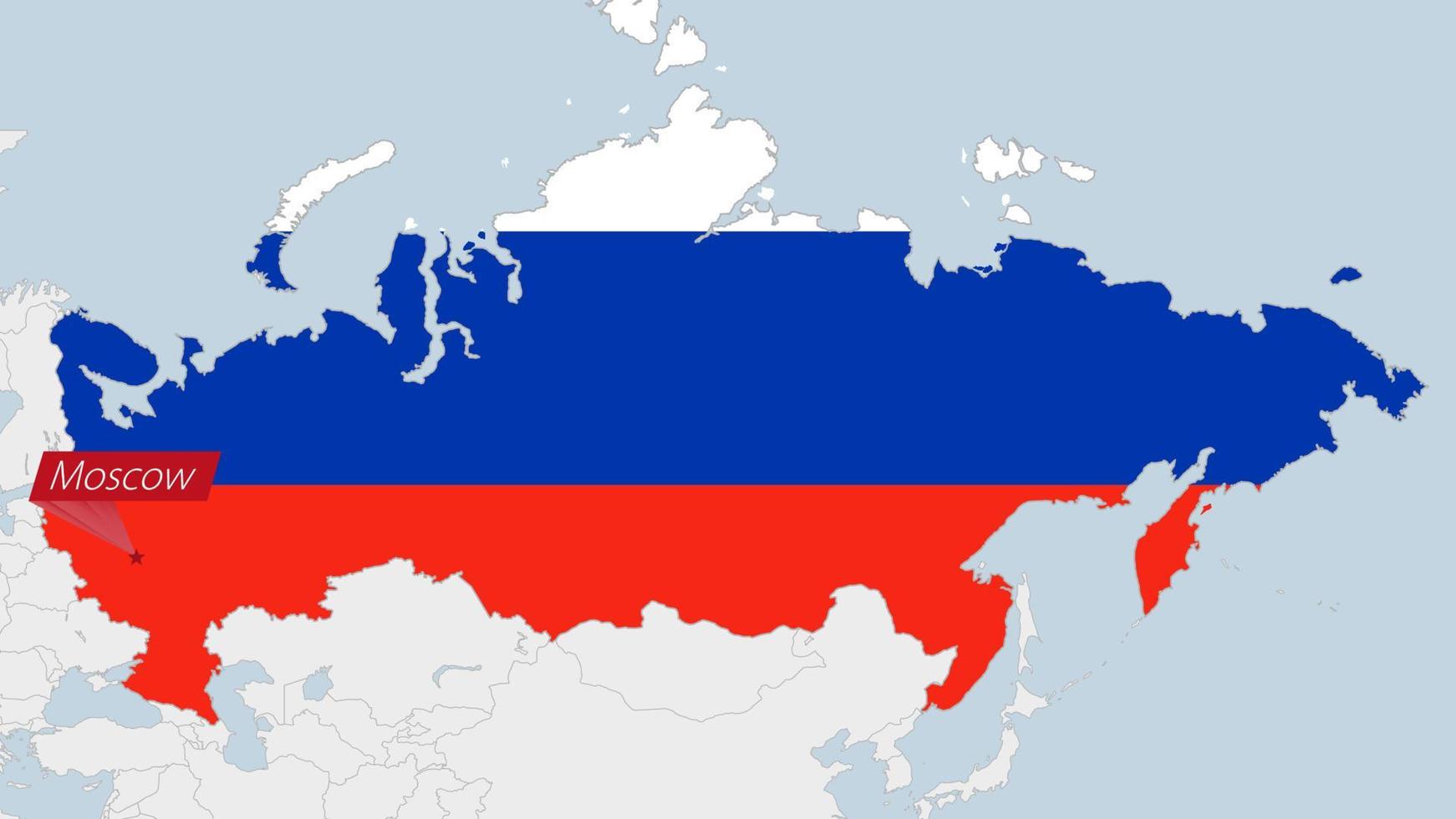Russia map highlighted in Russia flag colors and pin of country capital Moscow. vector