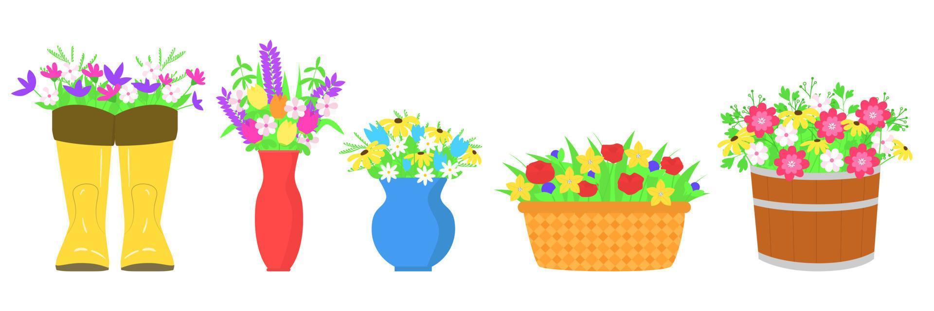 Set with bouquet of flowers. Spring flowers in boots, vase, basket, pot. Vector illustration.