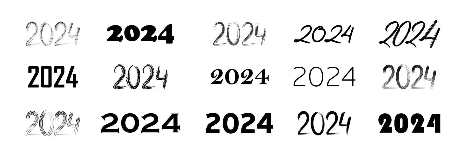 Collection of 2024 number design template. Black isolated lettering