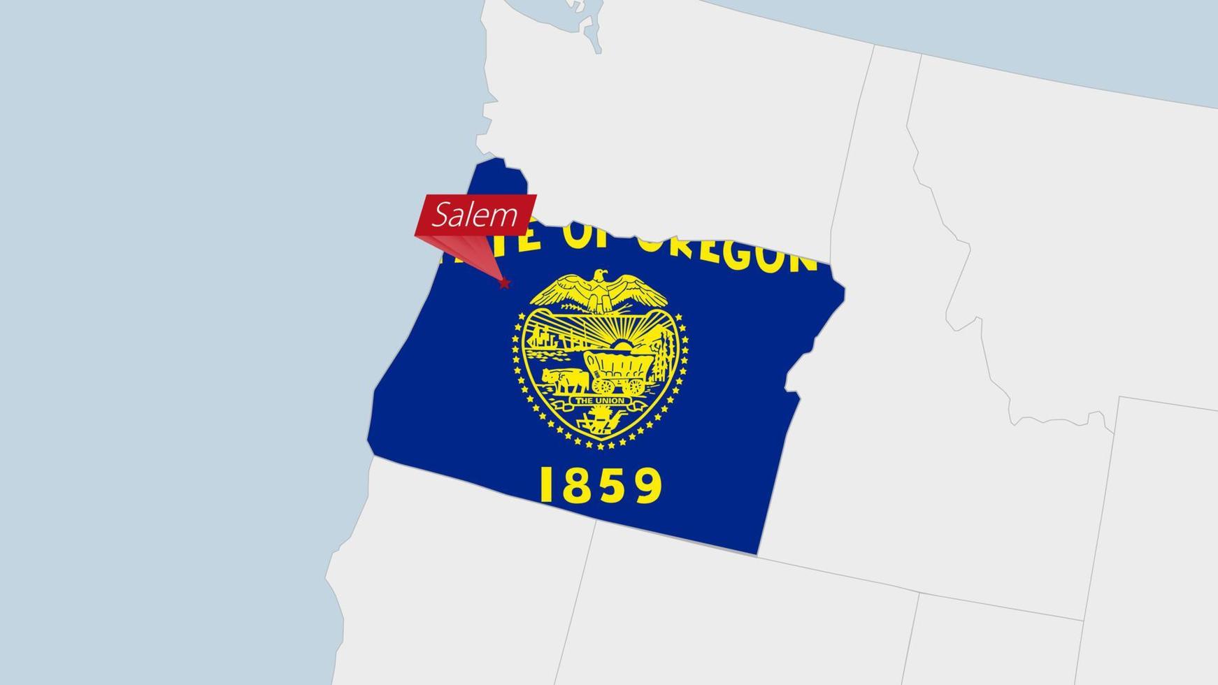 US State Oregon map highlighted in Oregon flag colors and pin of country capital Salem. vector