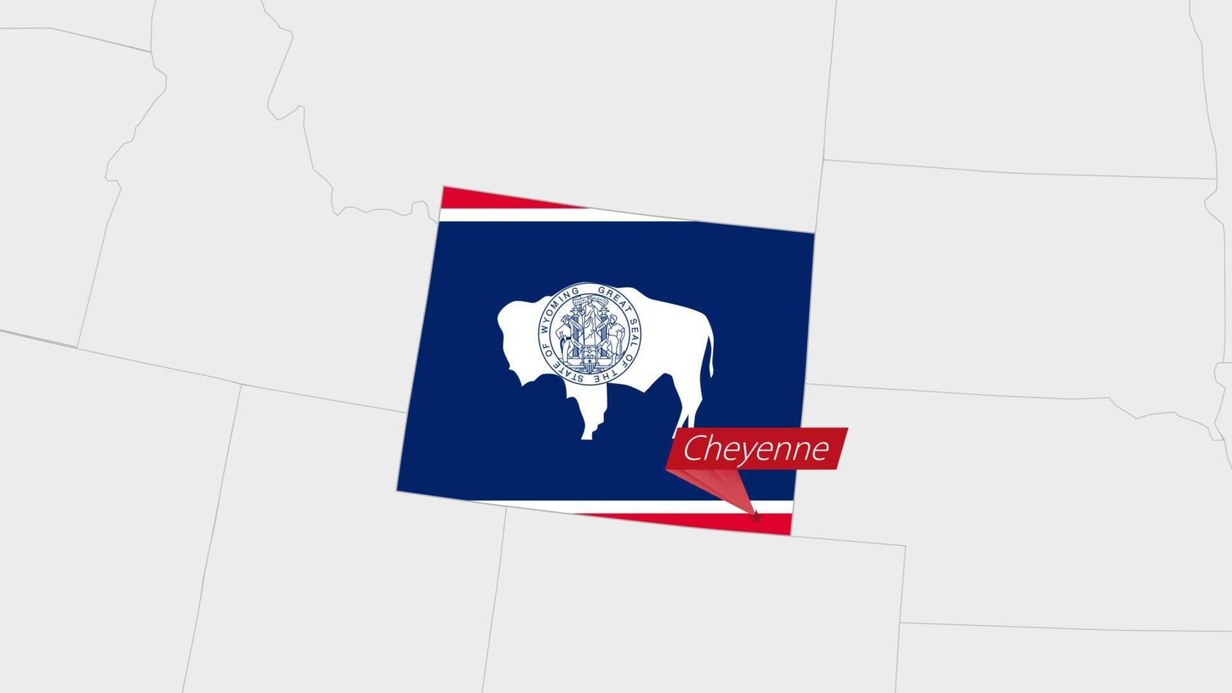 nosotros estado Wyoming mapa destacado en Wyoming bandera colores y alfiler de país capital Cheyenne. vector