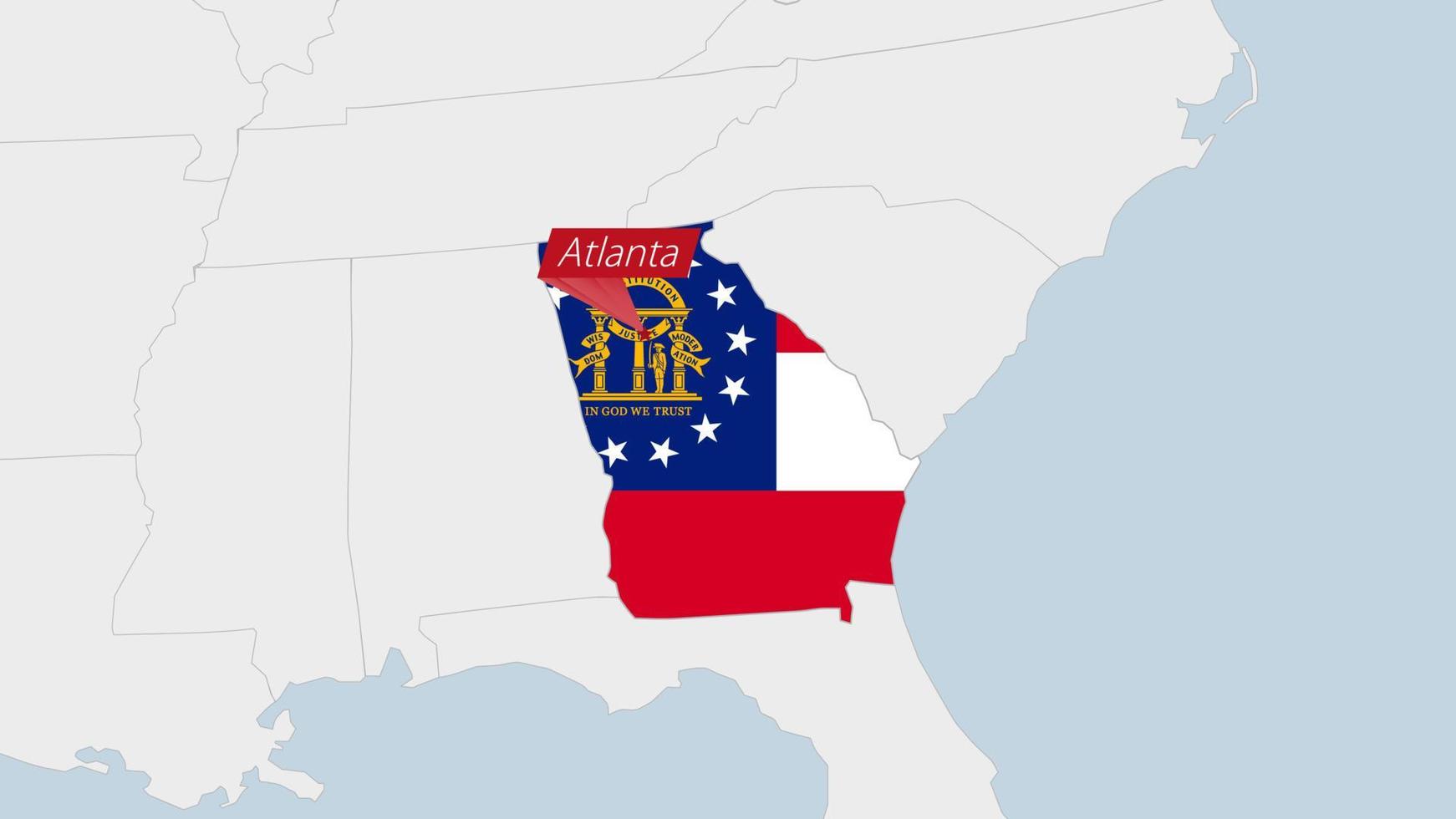 US State Georgia map highlighted in Georgia flag colors and pin of country capital Atlanta. vector