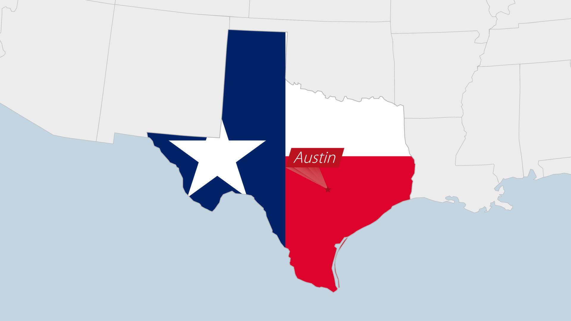 Us state texas map highlighted in texas flag colors and pin of country