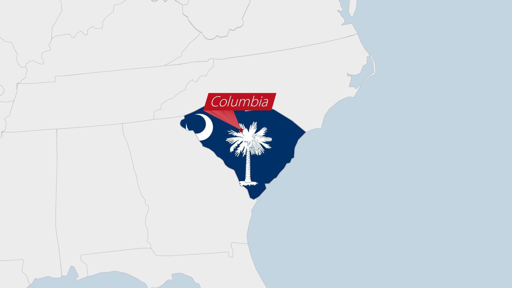 US State South Carolina map highlighted in South Carolina flag colors and pin of country capital Columbia. vector