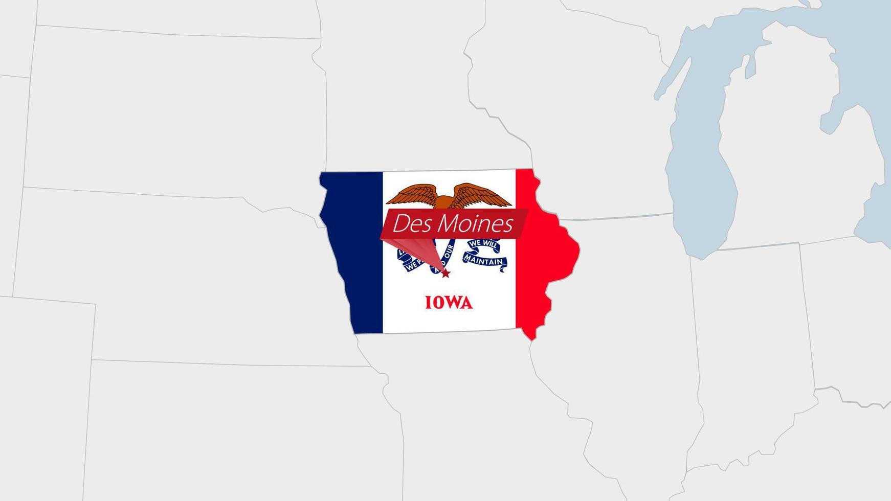 US State Iowa map highlighted in Iowa flag colors and pin of country capital Des Moines. vector
