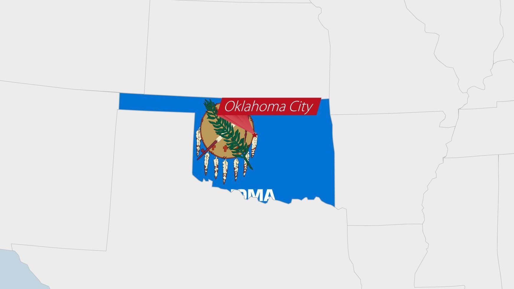 US State Oklahoma map highlighted in Oklahoma flag colors and pin of country capital Oklahoma City. vector