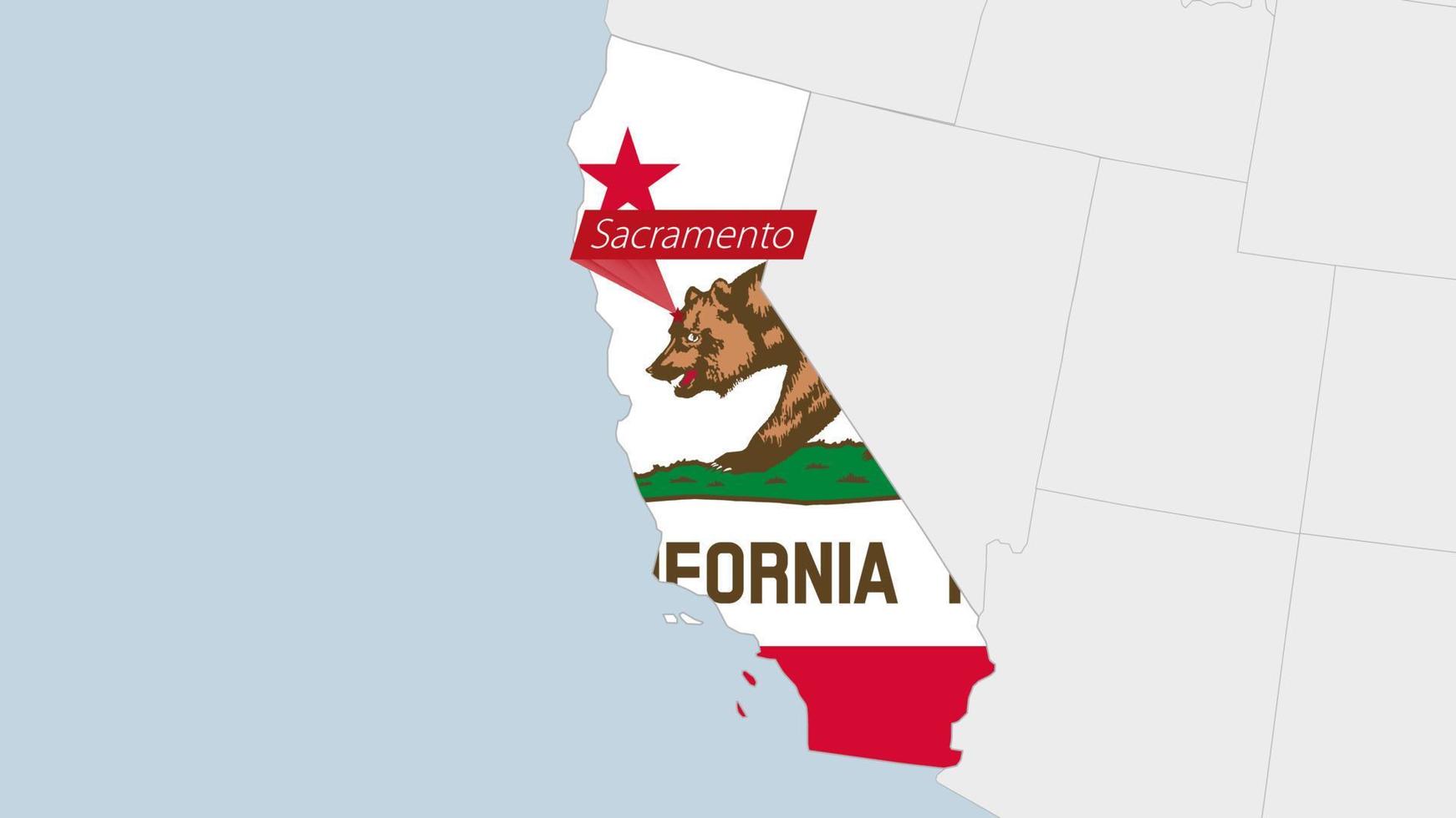 US State California map highlighted in California flag colors and pin of country capital Sacramento. vector