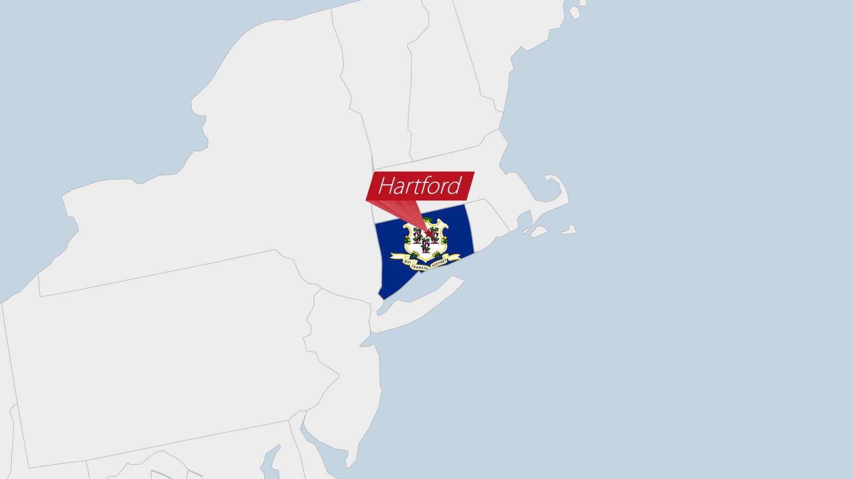 US State Connecticut map highlighted in Connecticut flag colors and pin of country capital Hartford. vector