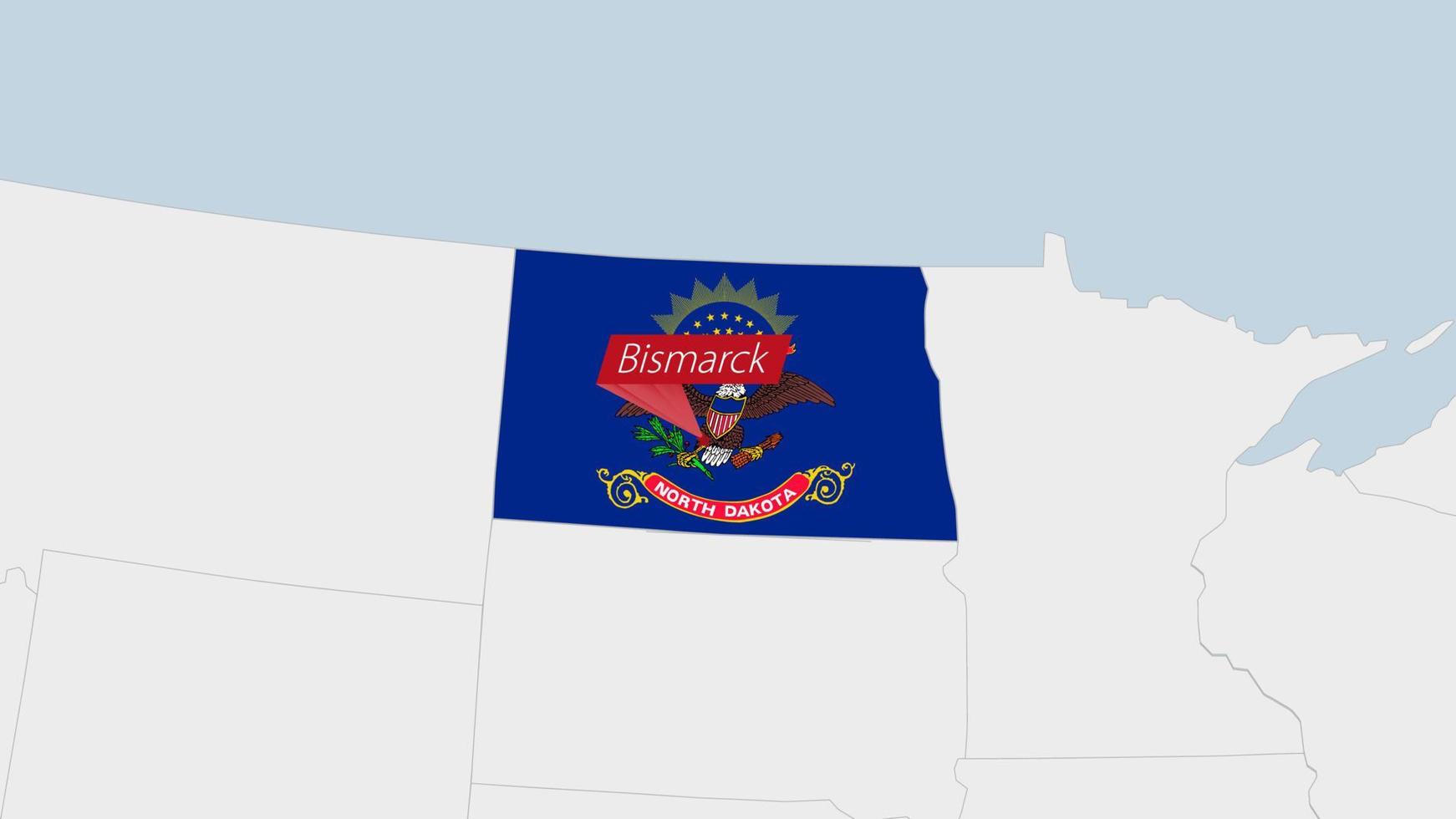 US State North Dakota map highlighted in North Dakota flag colors and pin of country capital Bismarck. vector