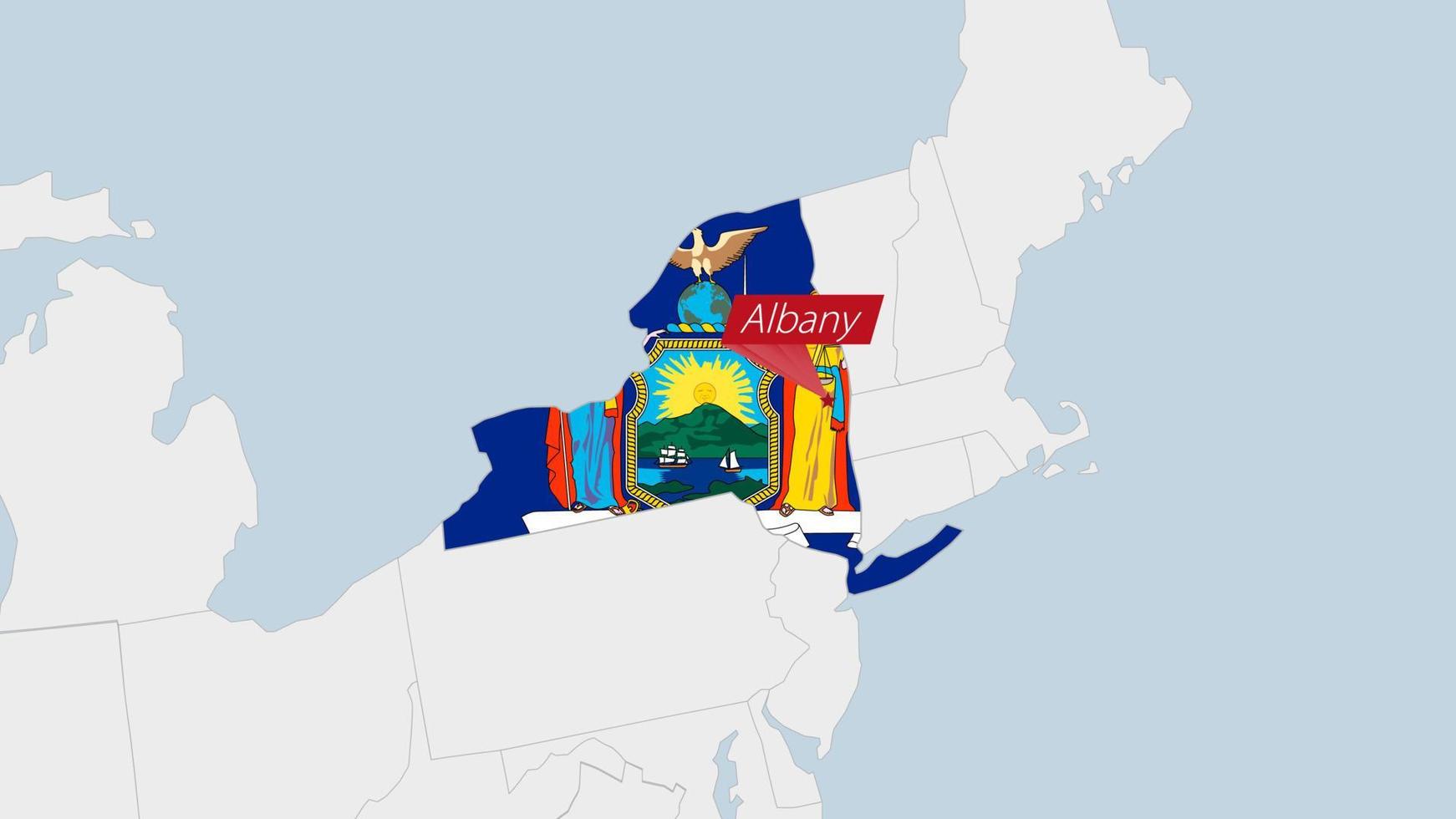 US State New York map highlighted in New York flag colors and pin of country capital Albany. vector